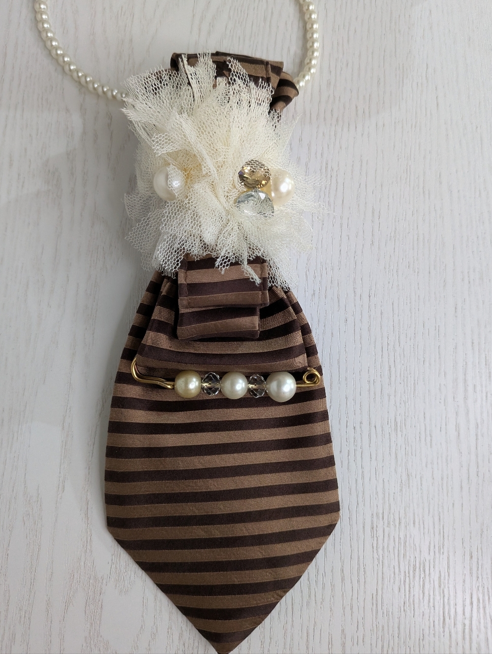 Pearl & Tulle Brown Striped Statement Necklace
Handmade